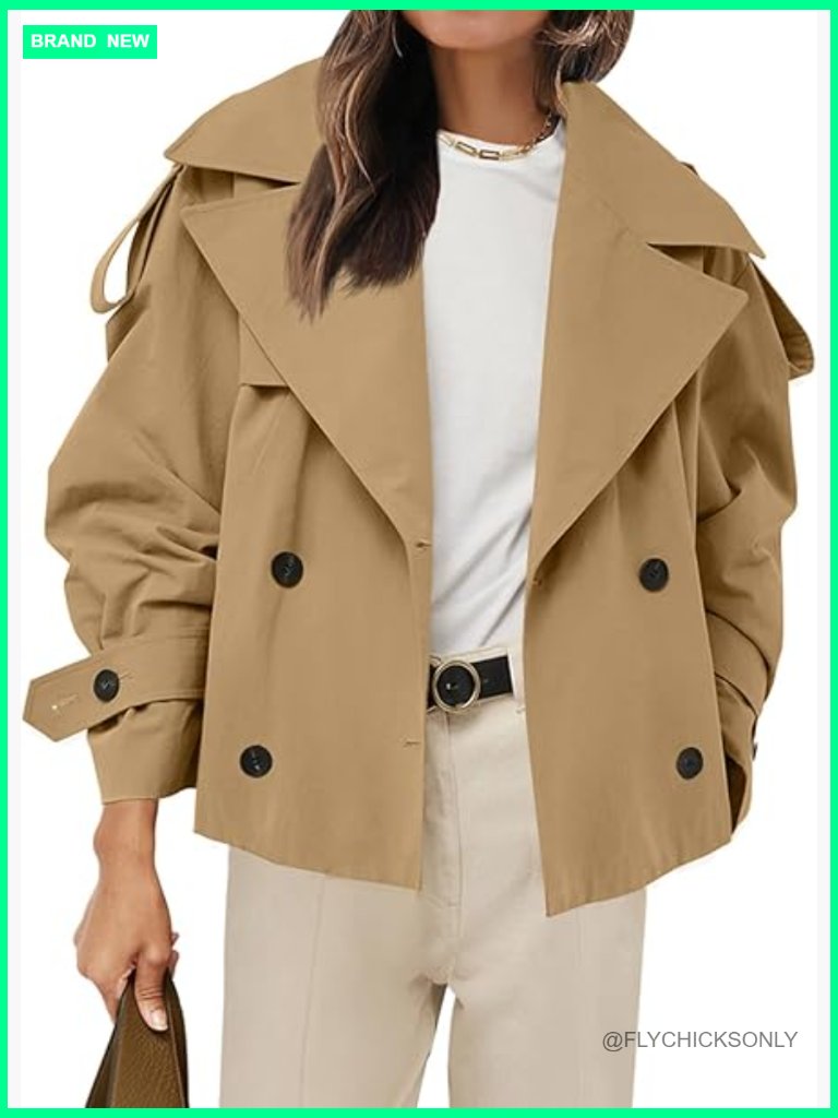 Cropped Trench Coat Double Breasted Jacket Windproof Polyester